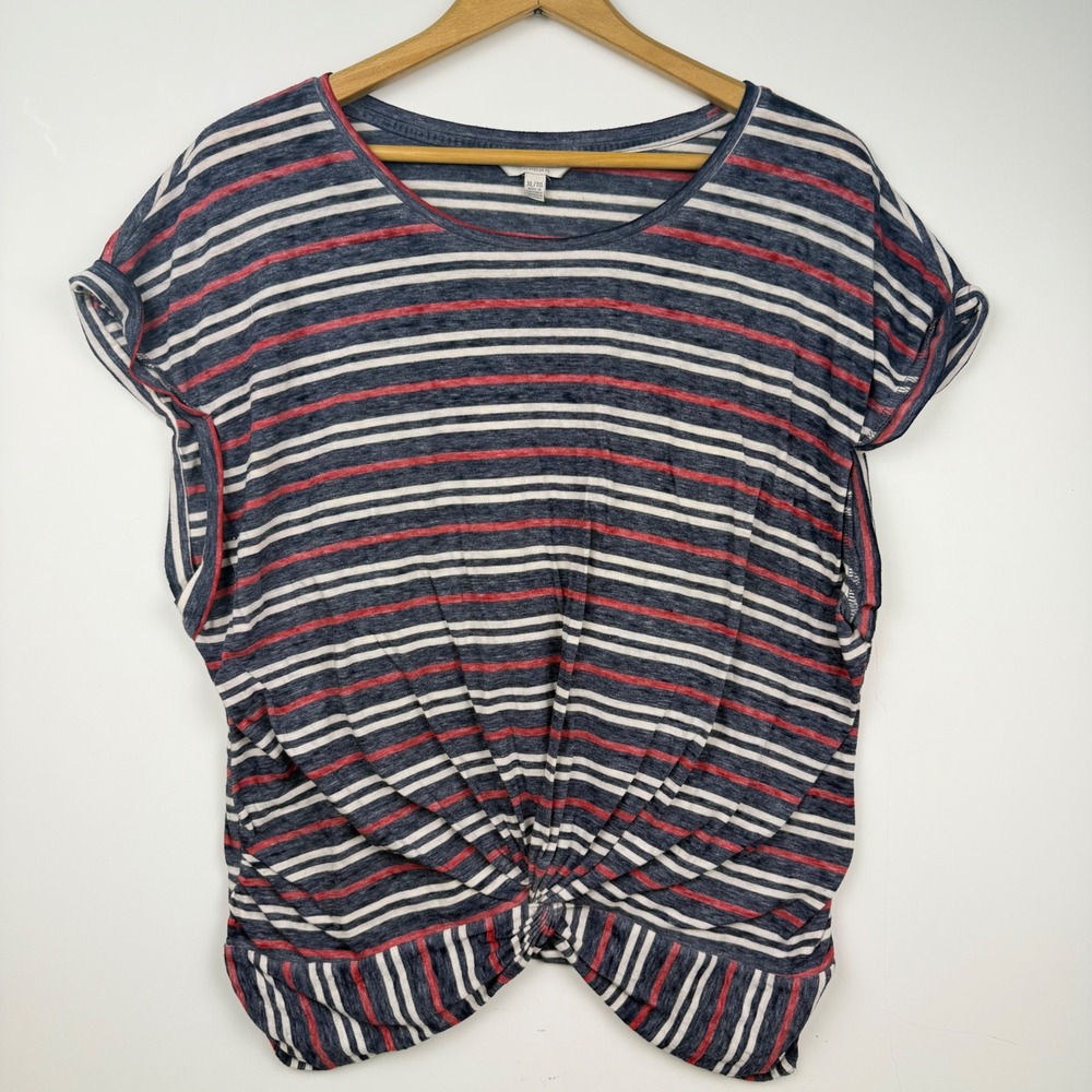 Y2K Style Lucky Brand Striped Twist Front Short Sleeve Top Blue Red White XL
